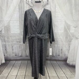 Calvin Klein Plus Size Silver Black Sheath Glitter Knit V-Neck 3/4 Sleeve Dress